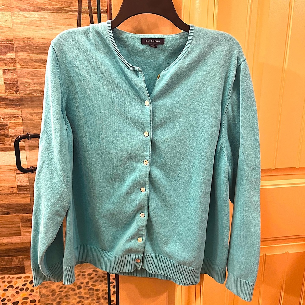 Lands End Cardigan 2x Teal in Color